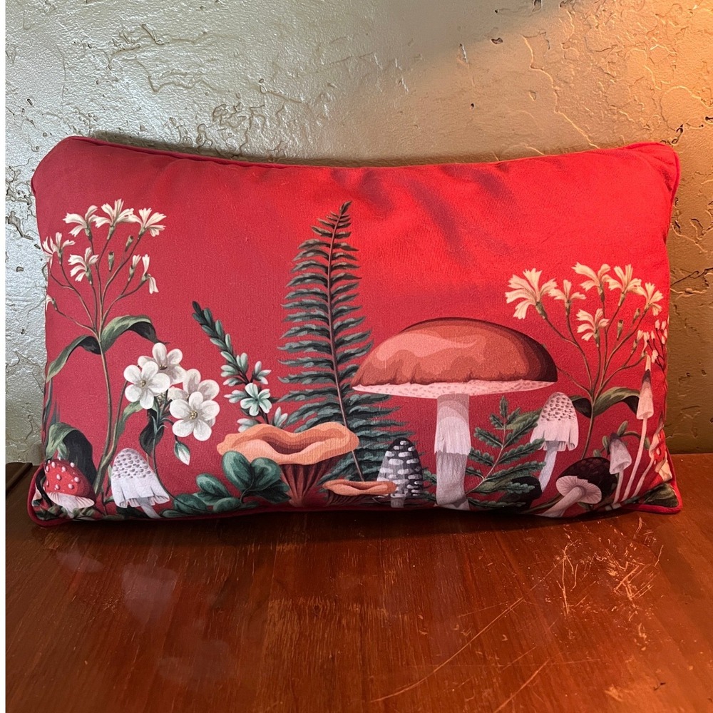 Botanical Woodland Mushroom Lumbar Accent Pillow Red Velvet Cottagecore Decor